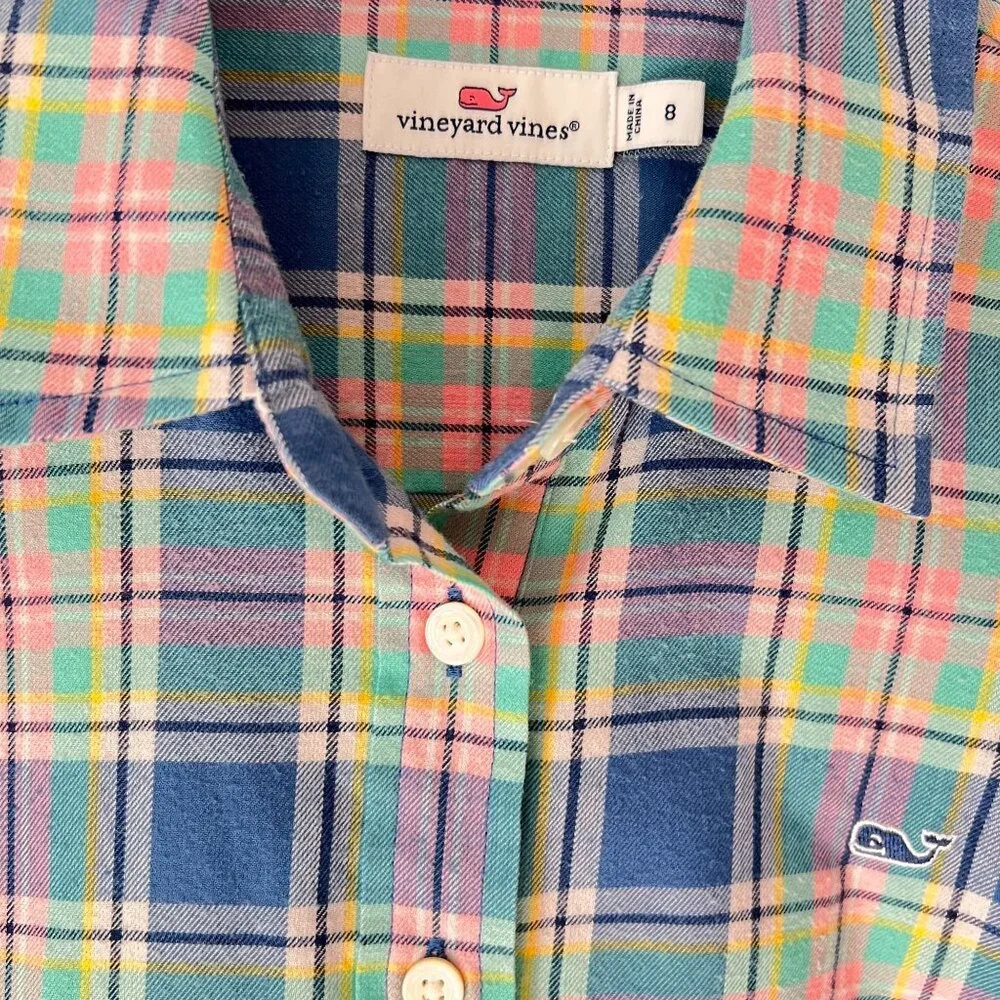 Vineyard Vines Shirt Womens Plaid Adj Long Sleeve Sz 8 Tunic Preppy Logo - Picture 2 of 13
